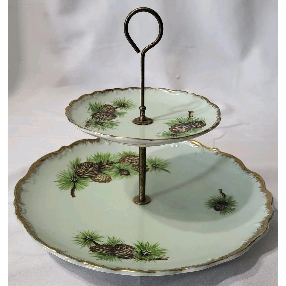 Vintage 2-tier Display Plate Stand Green Gold Edge and Pine Cone Pattern Japan